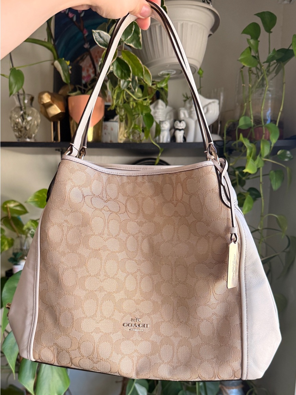 COACH Edie Shoulder Bag 31 In Signature Jacquard Cream Beige